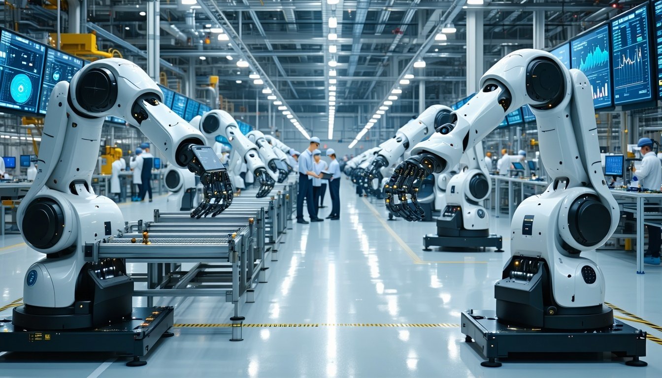 An assembly line of robotic arms in a manufacturing facility 