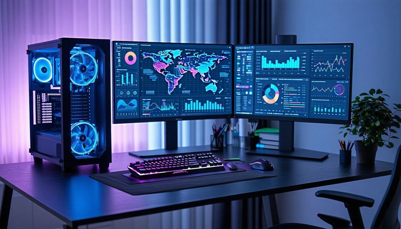 A modern workstation with two computer monitors on a desk