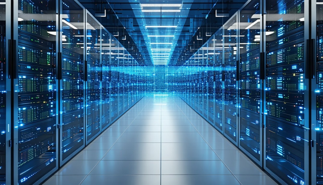 A long sleek hallway in an AI data center 