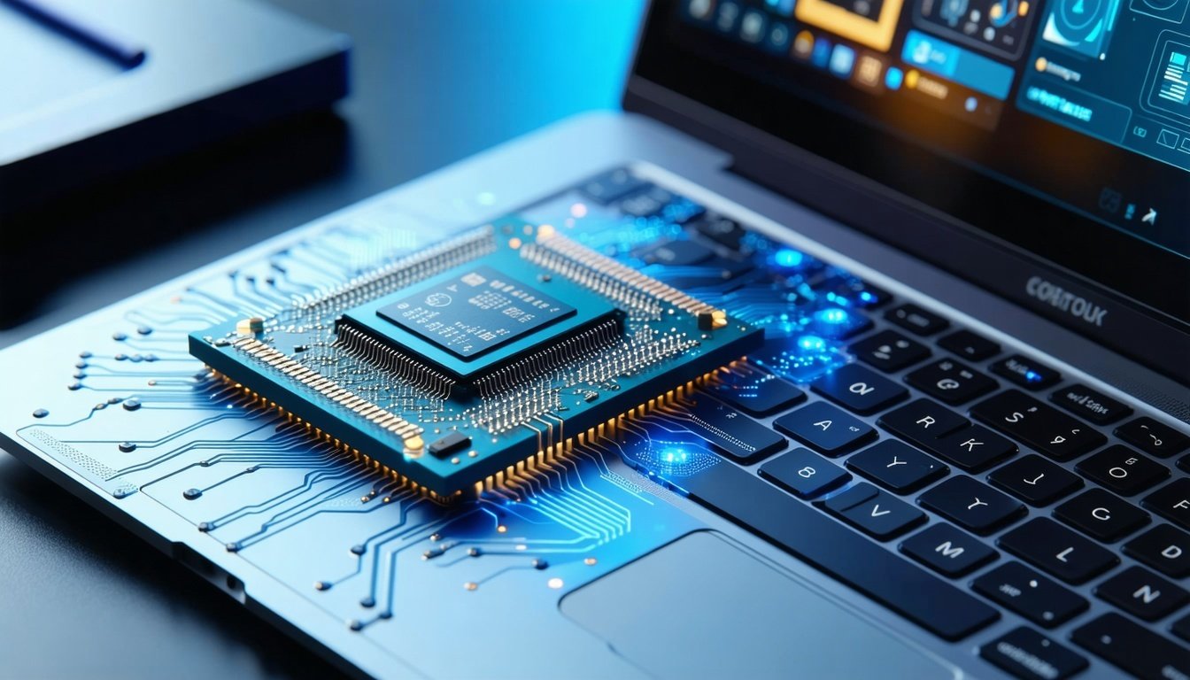 A semiconductor chip placed on the keyboard of a laptop